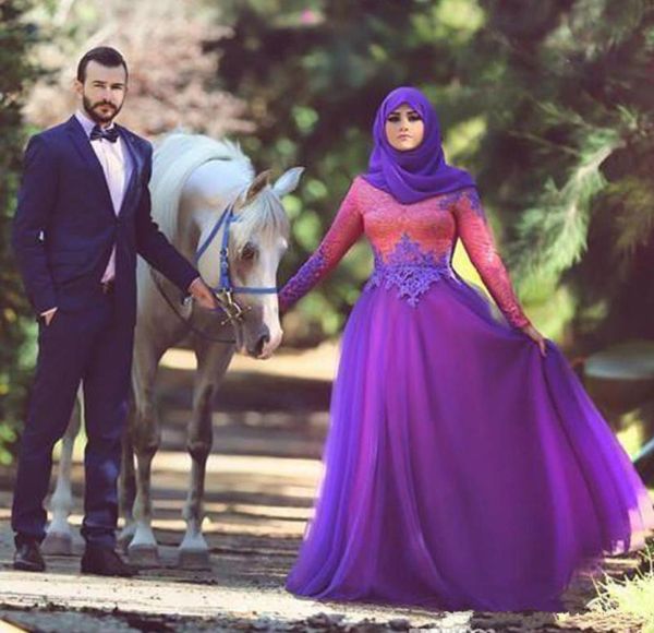 

special color muslim wedding dresses with applique lace long sleeves arabic wedding gowns a line tulle formal party gowns1872977, White