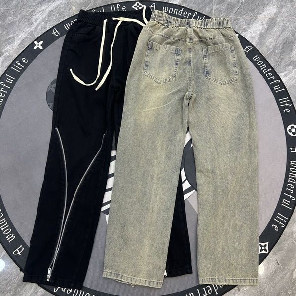 

social trend men's popular jeans american high * street style elastic waist drawstring design with a mid waist straight tube 217, Blue