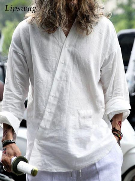 

men's polos casual solid color cotton linen men vintage buttonup v neck long sleeve tee shirts clothes mens fashion tshirt streetwear, White;black