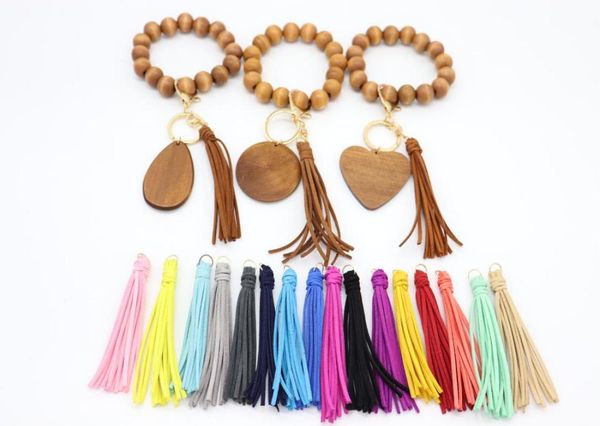

crossborder korean velvet tassel disc water drop wooden bracelet printable pendant elastic cord keychain factory direct s9750063, Golden;silver