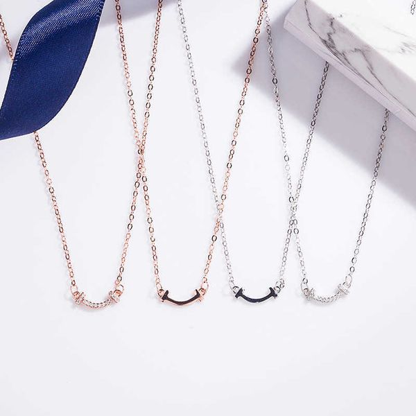 

original new korean version of s925 sterling silver mini tiffayffay smiling face necklace with diamond smile for women, Black