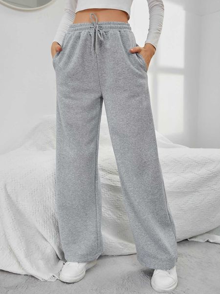 

women's solid drawstring slant pocket sweatpants, White