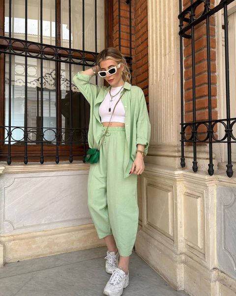 

stylish casual suit with loose shirt single breasted high-waisted ankle banded trousers two-piece set solid color plus size s-xl, White