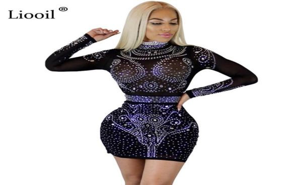 

liooil women crystal dress long sleeve bodycon see through mesh dress black wine red apricot diamonds club party dresses8061738, White;black