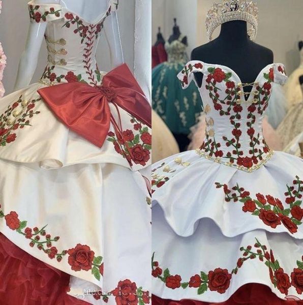 

gorgeous gold red green embroidery quinceanera dresses charro off the shoulder bow tiered satin ball gown prom dress 7th grade swe4781716, Blue;red