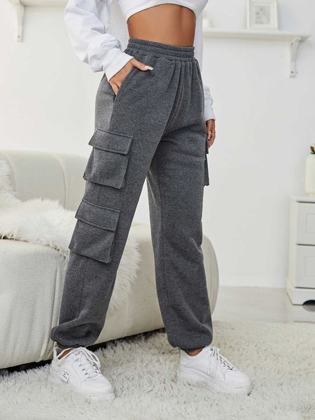 

women's solid pocket patched elastic waist sweatpants, White