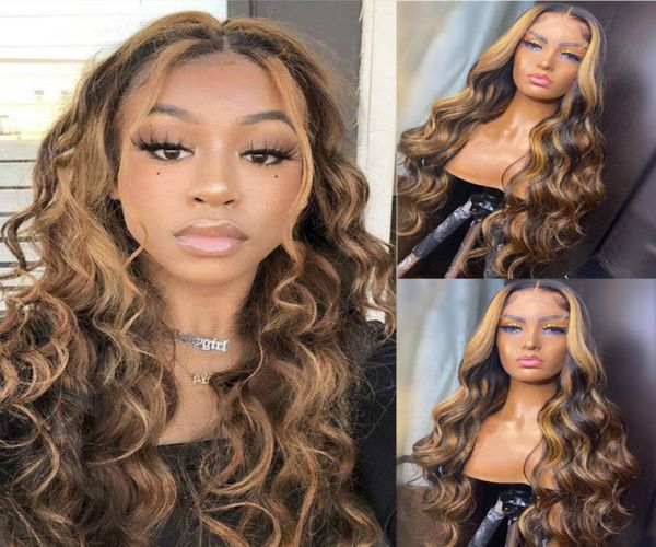 

highlight blonde ombre loose body wave 13x6 lace front human hair wigs for black women brazilian remy baby pre plucked silk base w6353663, Black;brown