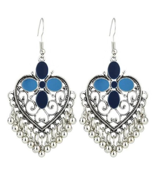 

women039s retro temperament heartshaped indian dangle earrings female ethnic hollow out metal ball tassel trend earring jhumka47864620389, Silver