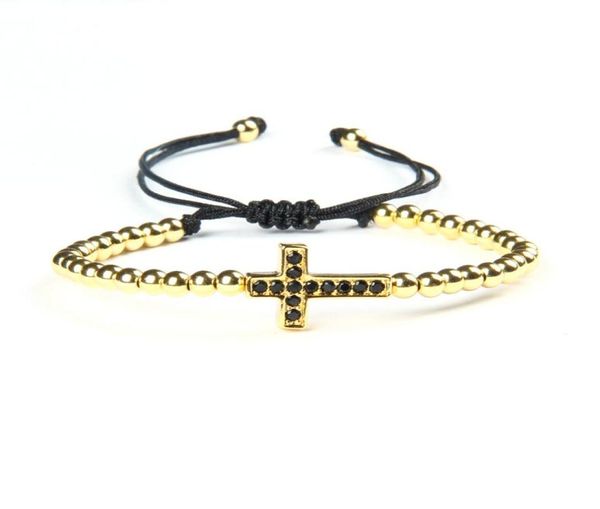 

new design jewelry whole 10pcslot 4mm brass beads micro paved black cz loyal cross jesus macrame bracelet for gif5218707, Golden;silver