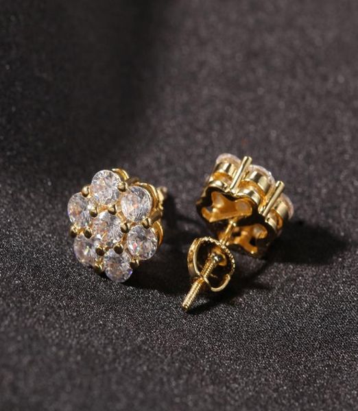 

hip hop claw setting cz stone bling ice out plum blossom flower stud earring for women men rapper jewelry6944757, Golden;silver