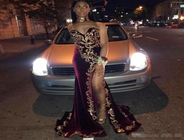 

african velvet mermaid prom dresses sweetheart gold appliques high side split formal dresses evening gowns custom made cocktail dr6470005, Black