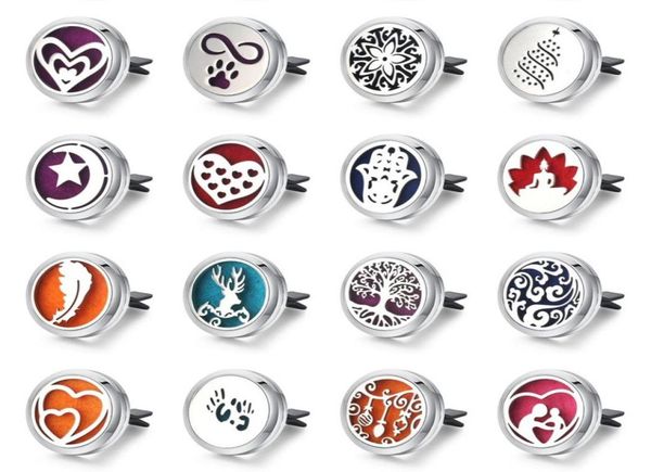

whole 500 different designs 30mm stainless steel car diffuser locket removable clip essential oil car perfume lockets with pad2817297