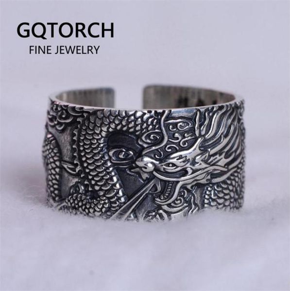 

real 925 pure silver mens biker rings with flying dragon vintage punk style heart sutra engraved buddhism animal jewelry 2202175764746, Slivery;golden