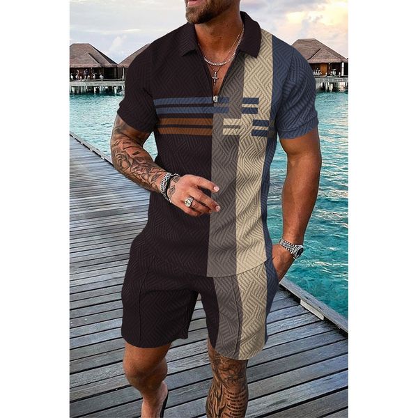 

mens tracksuits summer men tracksuit polo shirt shorts set striped casual turn down collar tshirt suit fashion man clothing streetwear outfi, Gray