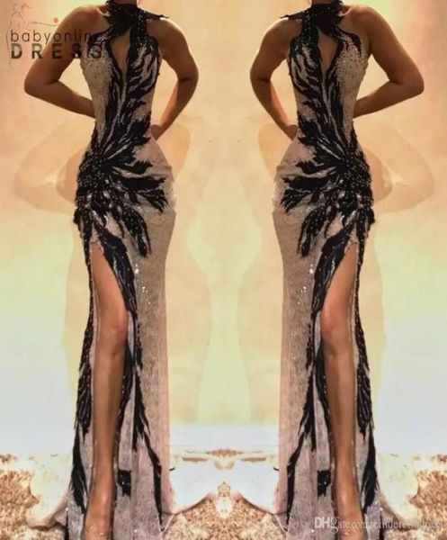 

high split side lace mermaid prom dresses keyhole neck crystal beaded backless evening gowns hollow out front celebrity dress bc049622759, Black;red