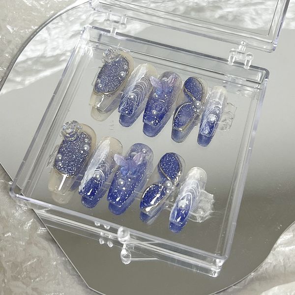 

false nails handmade flower butterfly press on nails y2k short fake nail with glue reusable ballet long coffin false nails tips art gift 230, Red;gold