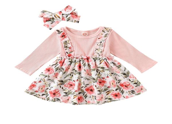 

kids clothing sets girls long sleeve solid floral suspender skirts headbands 3pcssets boutique infants casual clothes m279612827, White