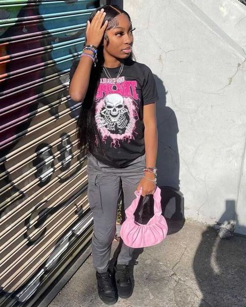 

personalized fashion women's skull print short loose round neck t-shirt summer, White