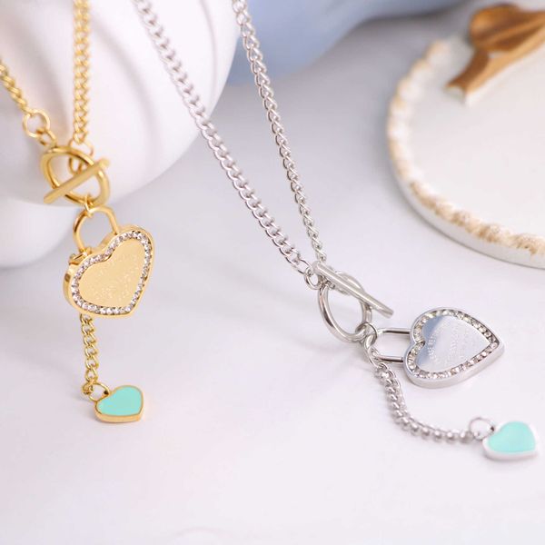 

designer new titanium steel french elegant tiffay classic blue drip oil sticky diamond print love ot button tassel necklace female, Silver