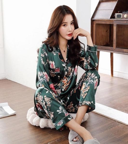 

satin silk pajamas for women floral pyjama pigiama donna pjs spring autumn mujer pijama sleepwear nightwear pizama damska 2pcs 27758010, Black;red