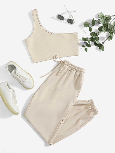 

women's one shoulder drawstring waist sweatpants, White