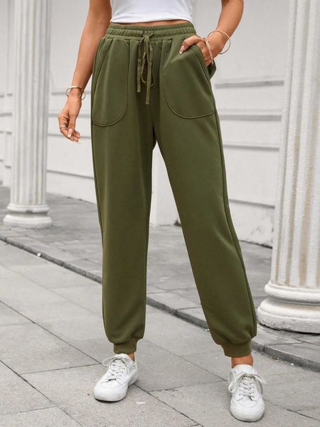 

women's drawstring waist slant pocket sweatpants, White