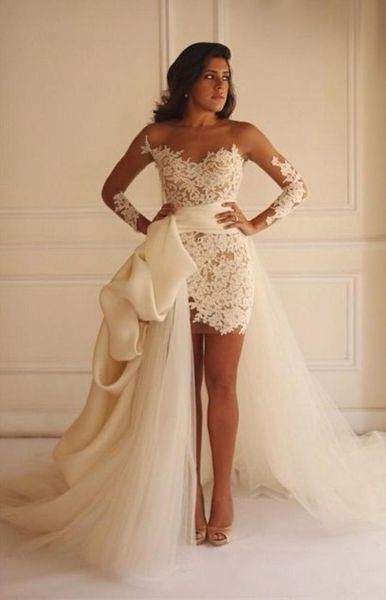 

stunning lace tulle crew neck long sleeves wedding dresses fashion detachable skirt illusion knee length short corset wedding gown1127094, White