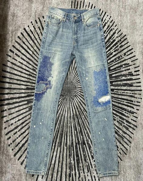 

real pics heavy embroidery washed jeans mens womens patchwork streetwear oversize denim trousers7517376, Blue