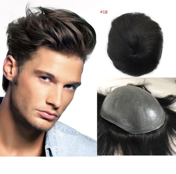 

full pu toupee for men 5 color super thin skin pu v loop human hair mens toupee replacement systems hairpiece mens wig3607207, Black