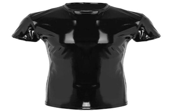 

mens wetlook punk fashion clothing pvc faux leather male tshirt night parties clubwear costume muscle tight tshirt266p8145370, Black
