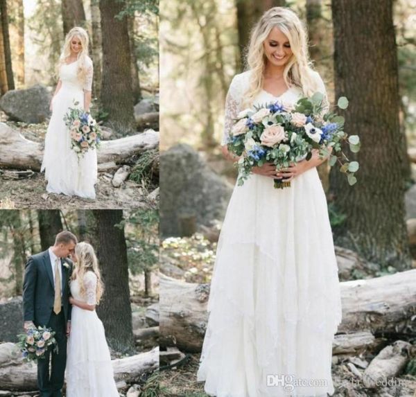 

2019 western country bohemian forest wedding dress lace chiffon v neck boho garden country bridal gown custom made plus size7964499, White