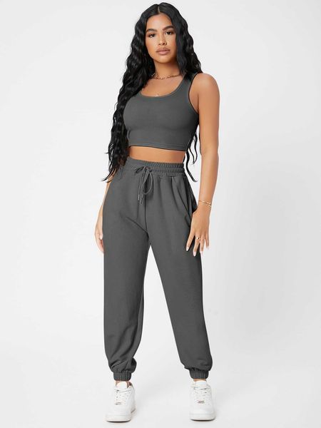 

women's petite solid crop tank and joggers set, White