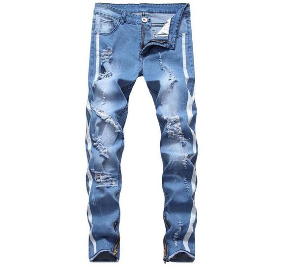 

2019 men039s distressed ripped skinny jeans fashion designer jeans slim printing biker causal mens denim pants hip hop men jean3466176, Blue