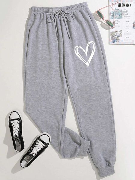 

women's heart drawstring waist sweatpants, White