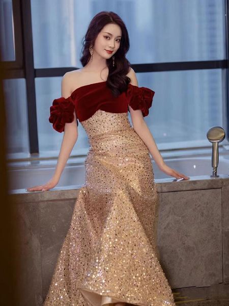 

mermaid evening dress sparkling sequins velvet long prom gowns, Black;red