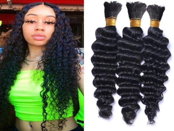 

deep curly bulk hair for braiding 3pcs lot no attachment peruvian human hair bulks4339391, Black