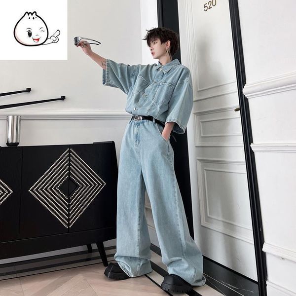 

men's tracksuits summer retro high street denim short sleeved shirt suit male ruffian handsome causal wide leg pants 230715, Gray