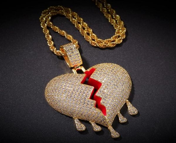 

iced out broken heart pendant necklace mens womens fashion hip hop jewelry gold silver water drop necklaces8712444