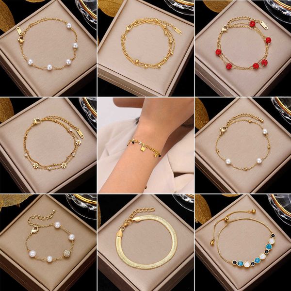 

fourleaf grass personalized bracelet women's summer c home high grade full sky star pearl steel chain multilayer handwear, Golden;silver
