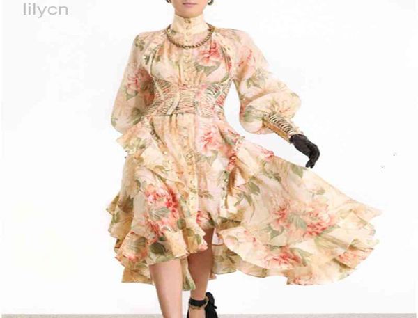 

fashion line vintage women dresses stand collar long lantern sleeve high waist belt ruffles irregular midi female5342728, Black;gray