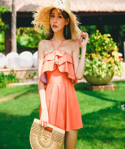 

cool summer elegant holiday swimsuit bare shoulders show long legs pink ruffled skirt women halter beachwear2326562
