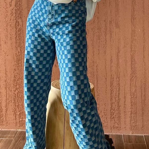 

women s jeans spring and autumn vintage blue plaid high waist straight jeans 230715