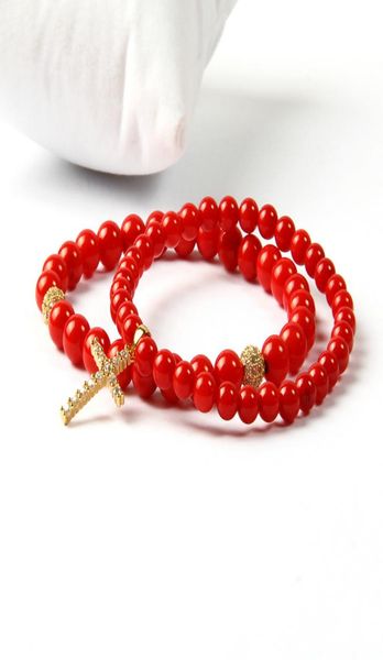 

easter jewelry whole 5mm a grade dyed red coral stone clear cz jesus cross beaded bracelet for lover gift4279341, Golden;silver