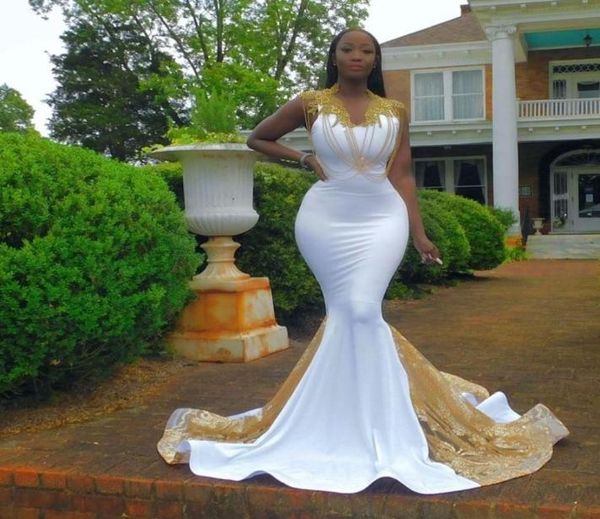 

black girl white mermaid prom dresses gold beaded v neck sequined plus size evening dress african formal wear party with lace appl9236508