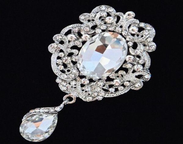 

rhodium plated luxury waterdrop pendent crystals flower brooch fashionable women bouquet pin bling bling czech crystals broach pin4874455, Gray