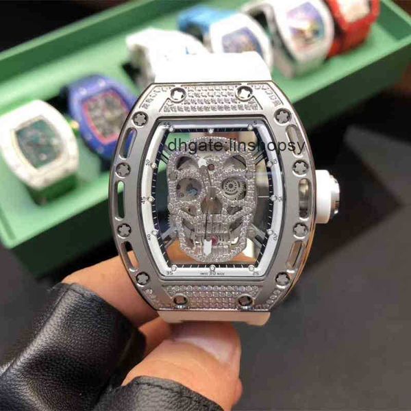

awatches wristwatch lluxury richa milles designer rm52-01 skull hollowed out fully automatic men's mechanical watch with diamond studde, Slivery;golden