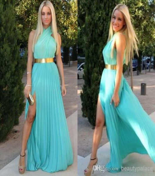 

2020 selling evening gown halter side slit pleats chiffon floorlength evening formal bridesmaid prom graduation dresses with 4194545, Blue;red