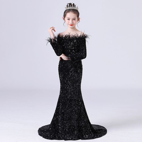 

girl's dresses child girl black gown strapless off shoulder backless long sleeve floor length feather sequin wedding evening party maxi, Red;yellow