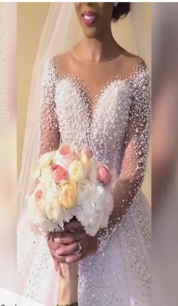 

luxury arabic long sleeve wedding dress ball gowns sheer neck pearls beaded bridal dresses plus size chapel train zipper back woma4306478, White