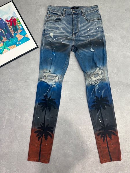 

mens jeans designer men's jean trousers coconut palm splash-ink print ripped brand motorcycle mens skinny hip hop street cowboy pants, Blue